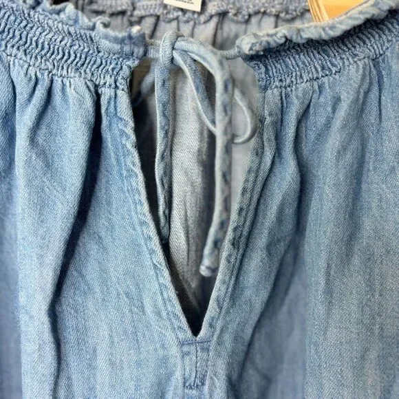 Old Navy Blouse Women's 4X Puff Sleeve Jean Ruffle Trimmed Poet Chambray Peasant - Picture 7 of 10
